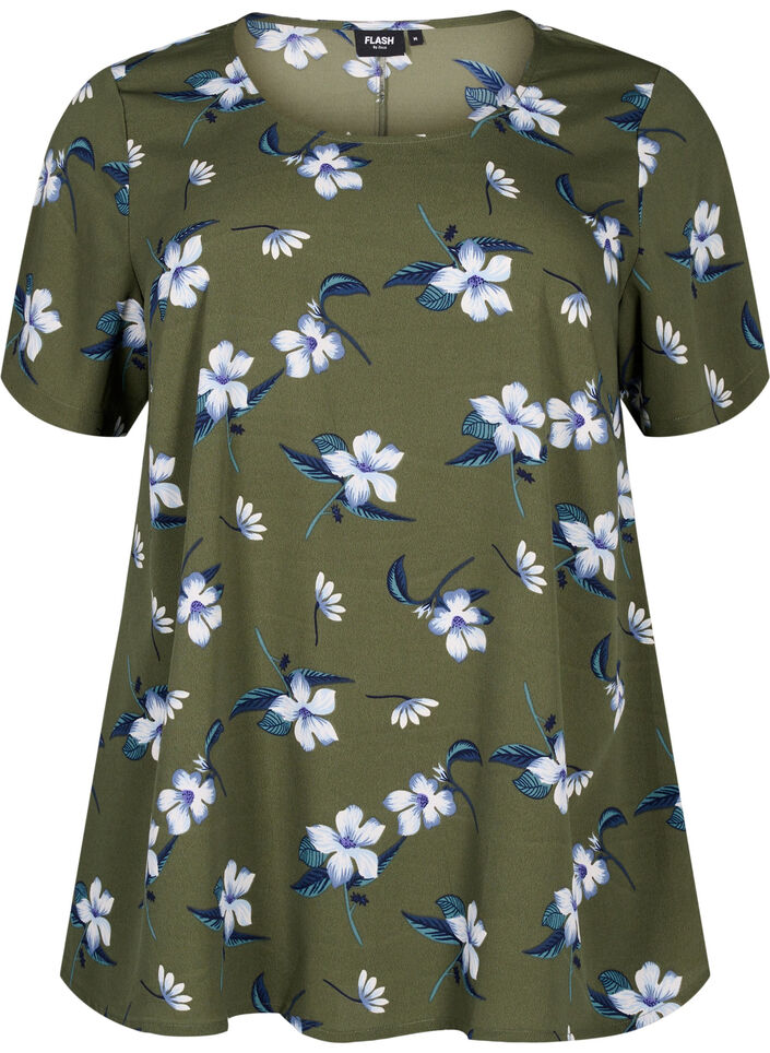 FLASH - blus med kort ärm och tryck, Olive Night Flower, Packshot image number 0
