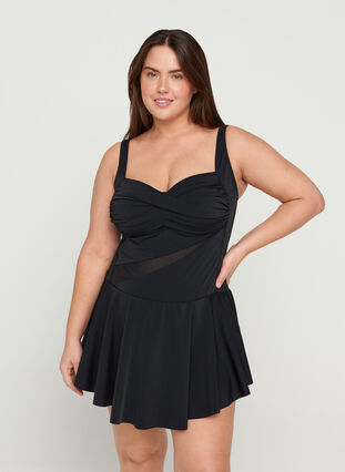 Badklänning med kjol och mesh, Black, Model image number 0