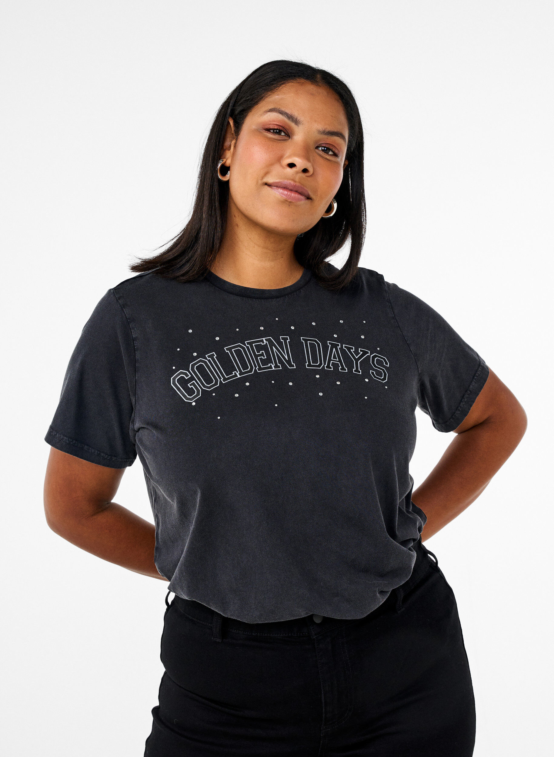 Zizzi T-shirt i ekologisk bomull med grafiskt tryck, Gr&aring;, Model image number 0