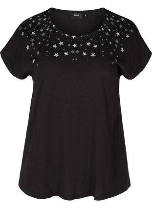 T-shirt i bomull med stjärnmotiv upptill, Black STARS, Packshot image number 0