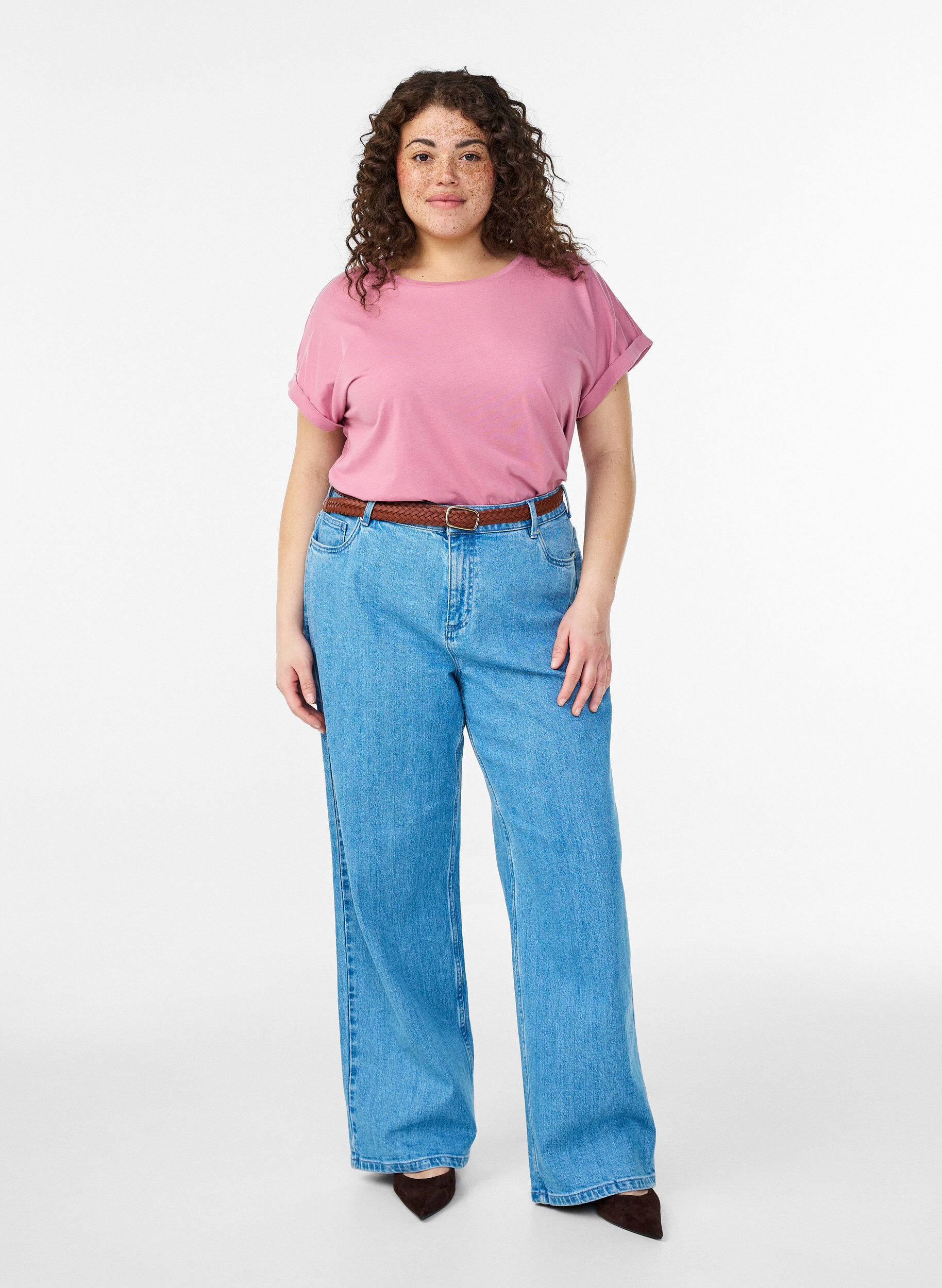 Zizzi Kort&auml;rmad t-shirt i bomullsmix, Rosa, Model image number 1