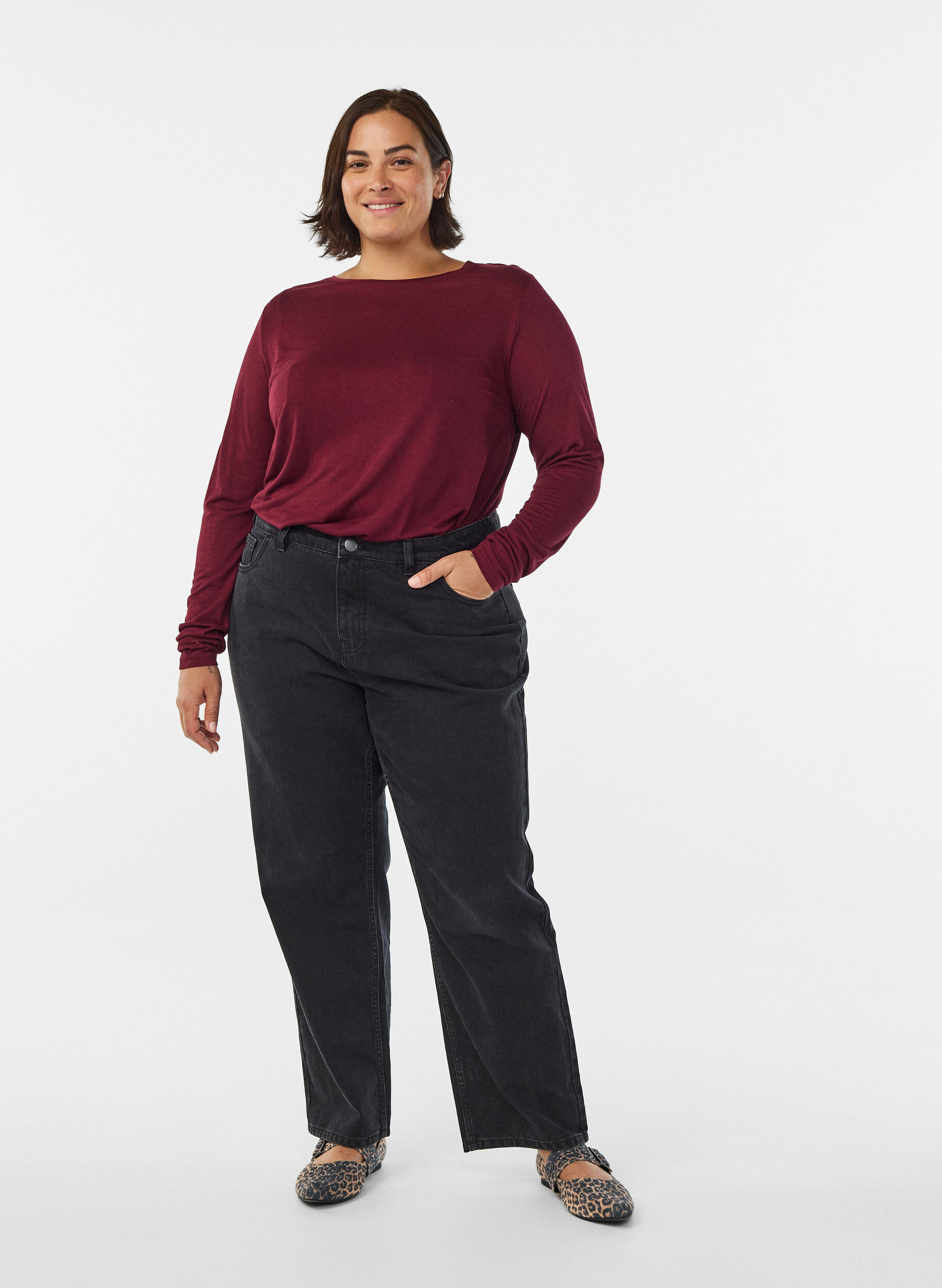 ZizziL&aring;ng&auml;rmad blus i ull och viskos, M&ouml;rk Bordeaux, Model image number 1