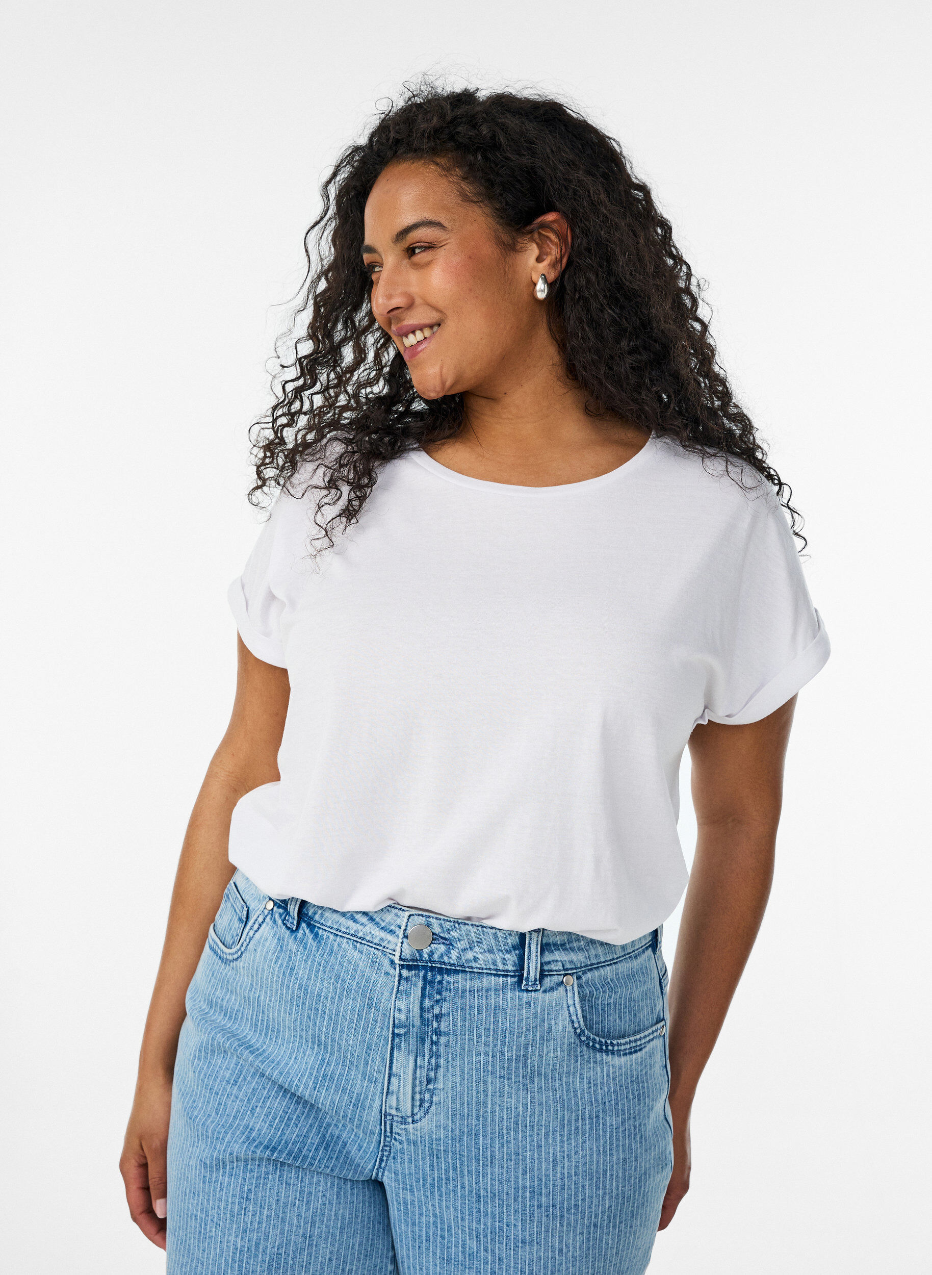 Kort&auml;rmad t-shirt i bomullsmix, Vit, Model