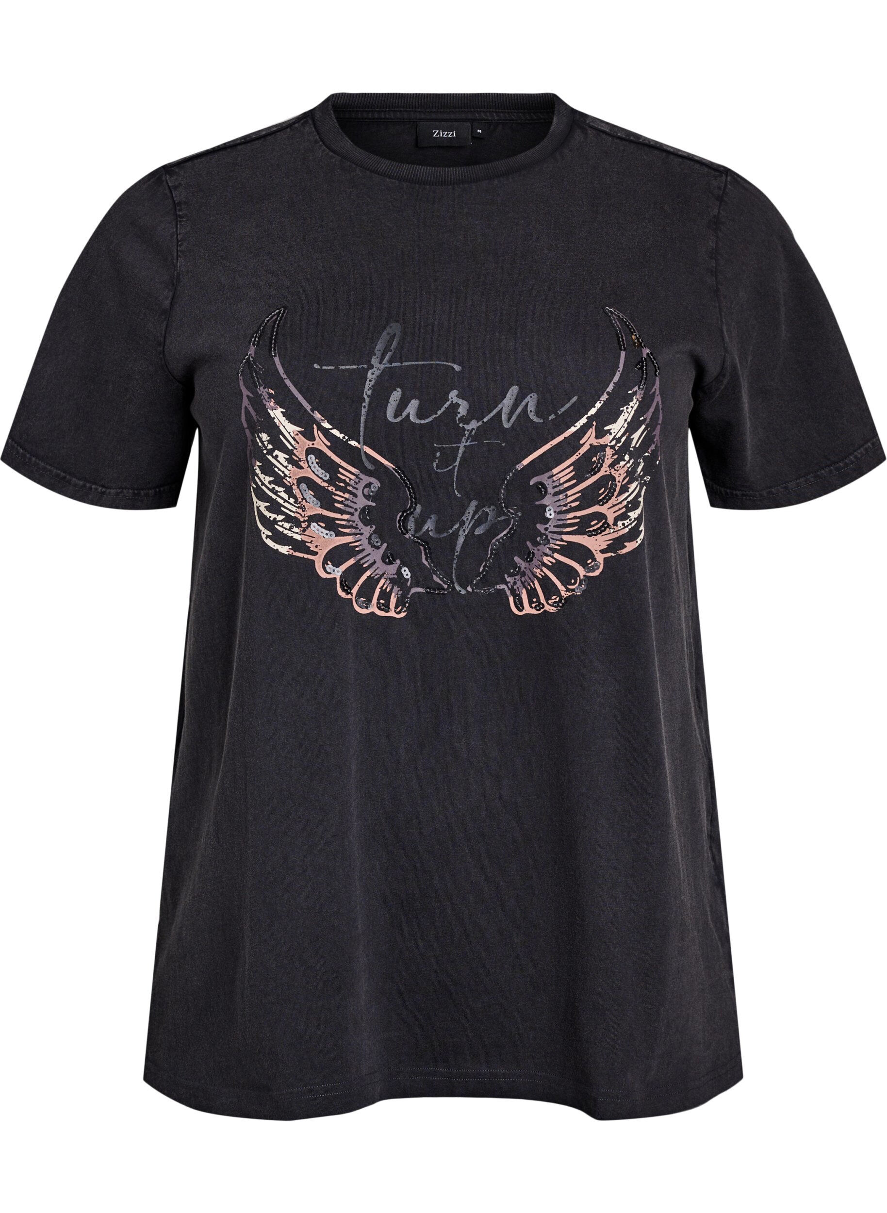 Zizzi T-shirt i ekologisk bomull med statementtryck, Gr&aring;, Packshot image number 0