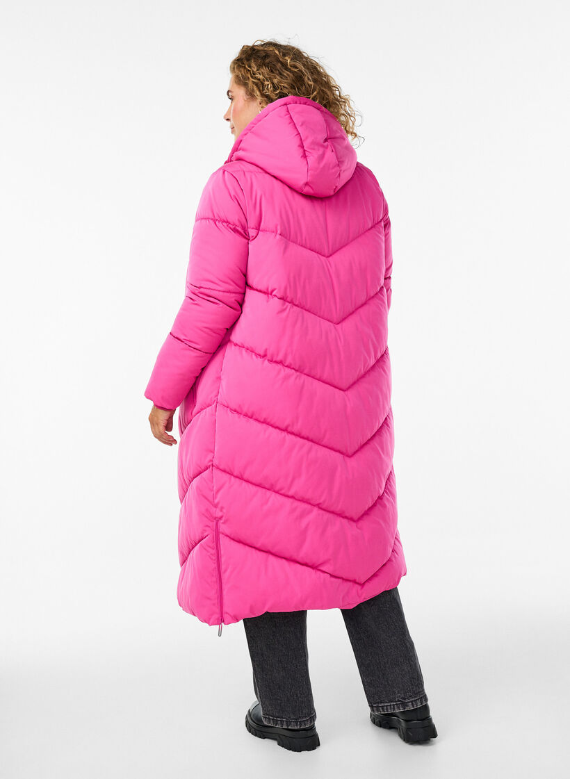 L&aring;ng pufferjacka med huva och fickor, Rosa, Model image number 1