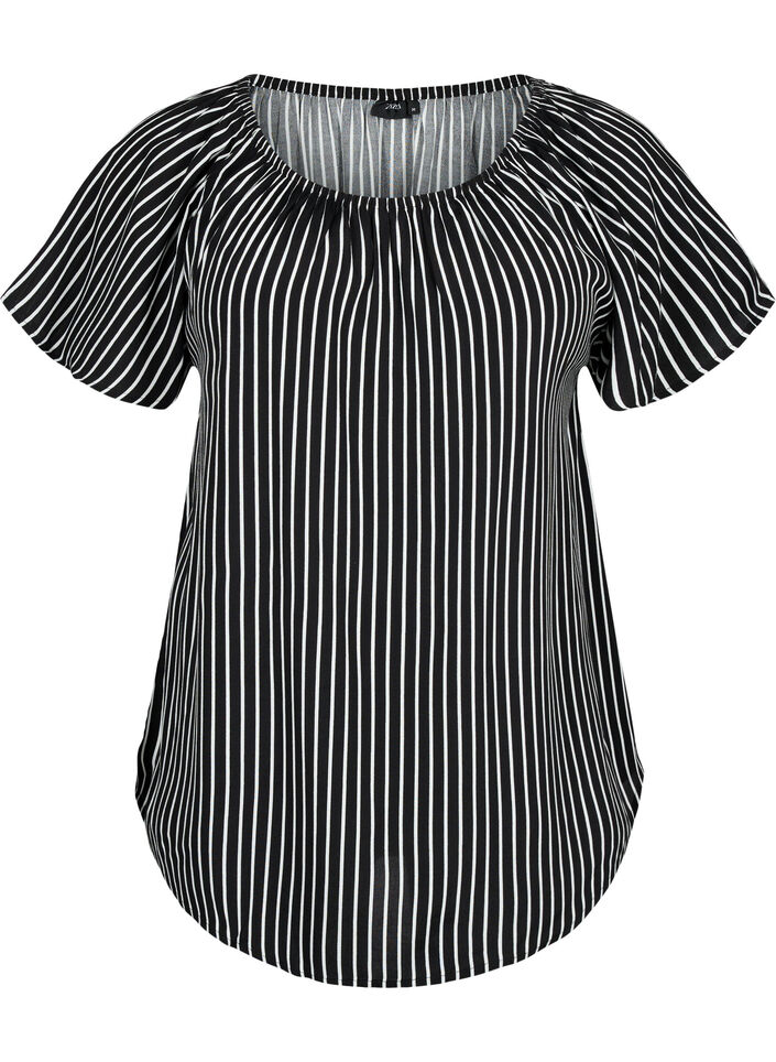 Randig viskosblus med kort ärm, Black/ White Stripe, Packshot image number 0