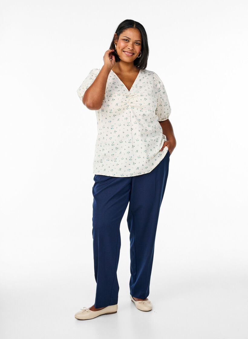 Blus med korta puffärmar och rynkdetalj, Vit, Model image number 1