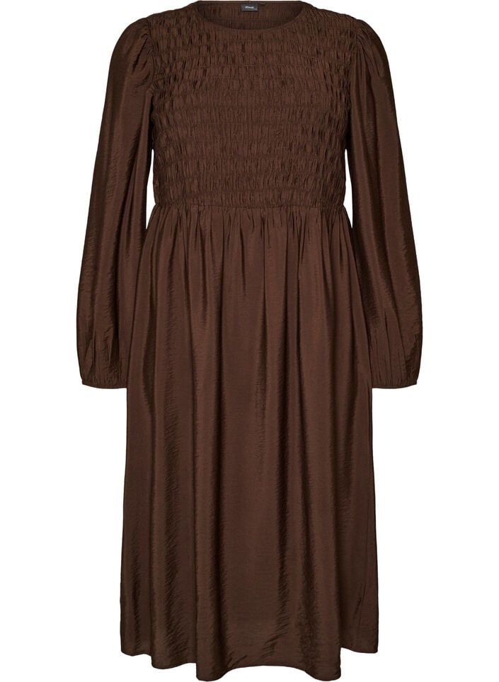 Midikl&auml;nning i viskos med smock, Brun, Packshot image number 0