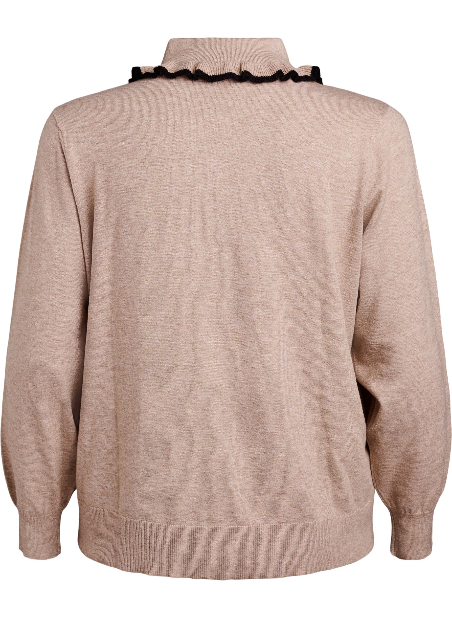 Zizzi Stickad blus med volangprydd polokrage, Beige, Packshot image number 1