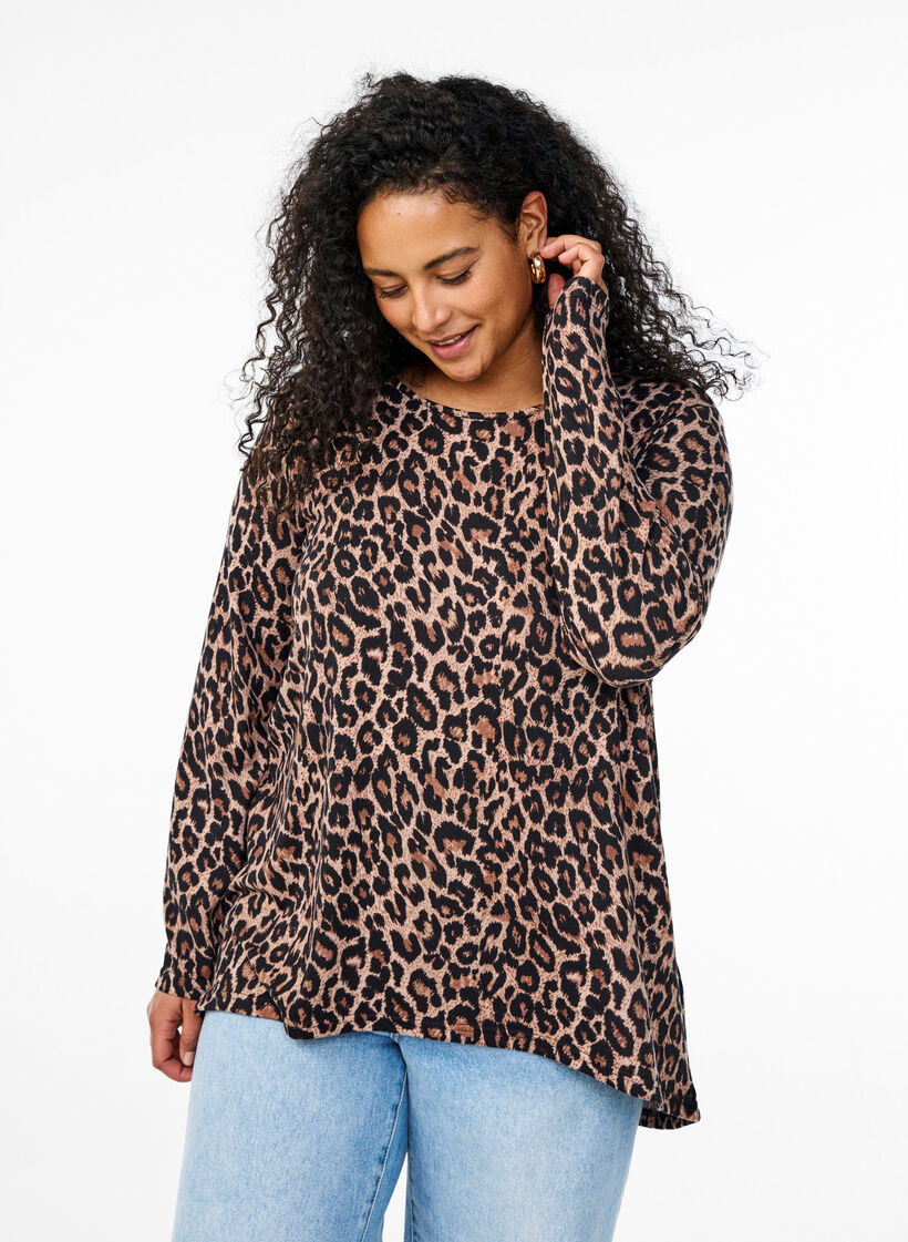 Leopardmönstrad blus med långa ärmar, Brun, Model image number 0