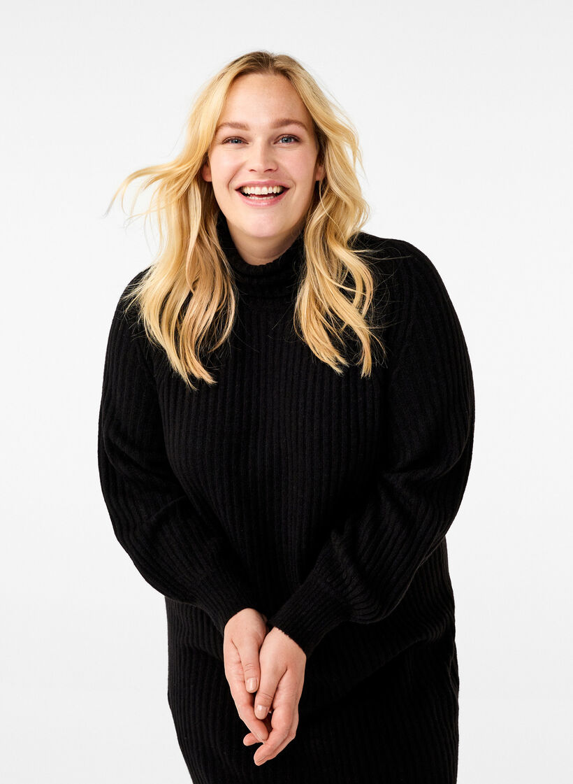 Stickad långklänning med polokrage, Black, Model image number 2