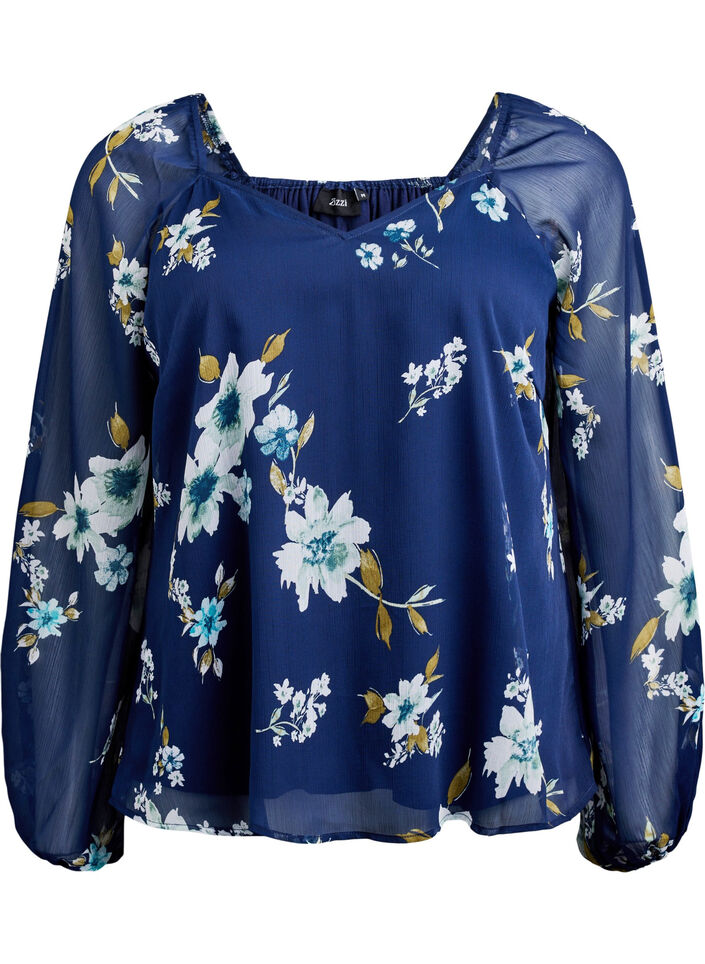 Chiffongblus med blommigt tryck och l&aring;nga &auml;rmar, Bl&aring;, Packshot image number 0