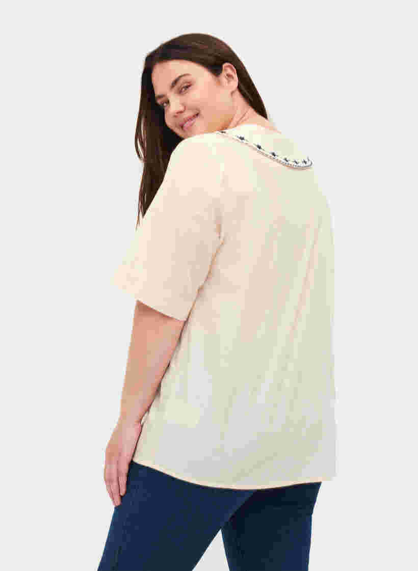 Kortärmad skjorta i bomull med stor krage, MotherOfPearl w.Blue, Model image number 1