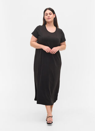 Midiklänning med korta ärmar, Black Solid, Model image number 2