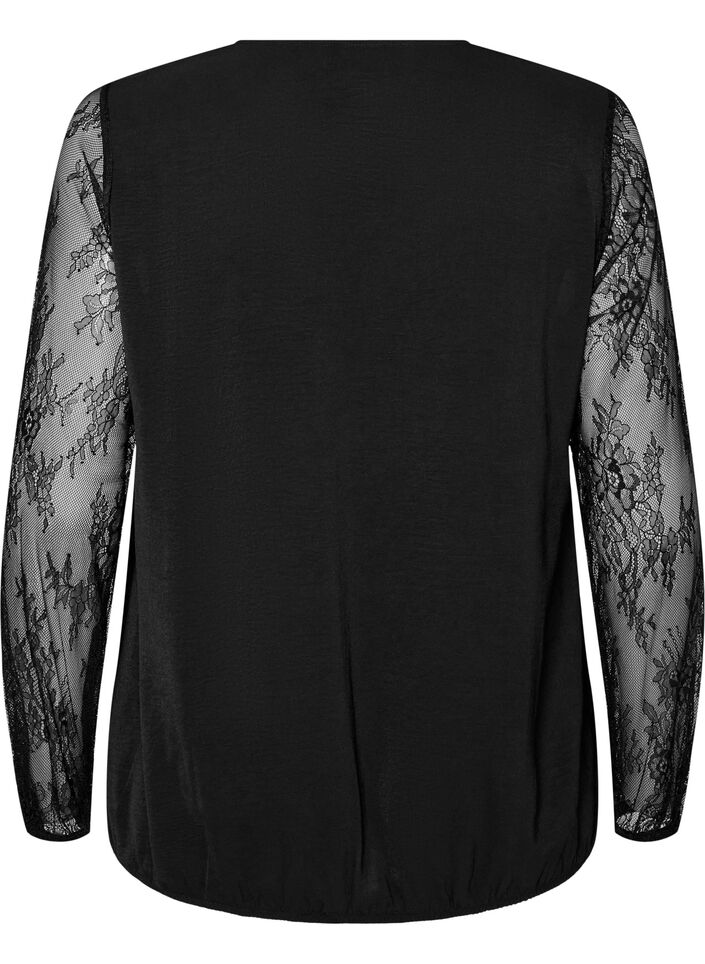 Blus med spets&auml;rmar i ballongmodell, Svart, Packshot image number 1
