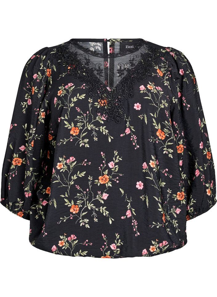 Blus med 3/4-&auml;rm och spetsdetaljer, Svart, Packshot image number 0