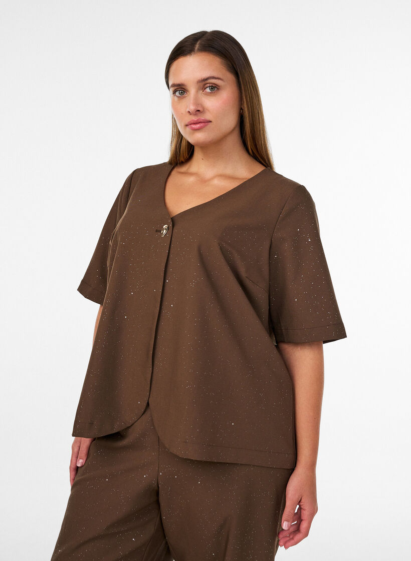 Blus med glitter och v-ringning, Brun, Model image number 0