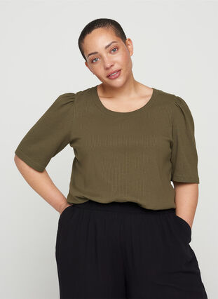 Ribbad t-shirt med korta puffärmar, Ivy Green, Model image number 0