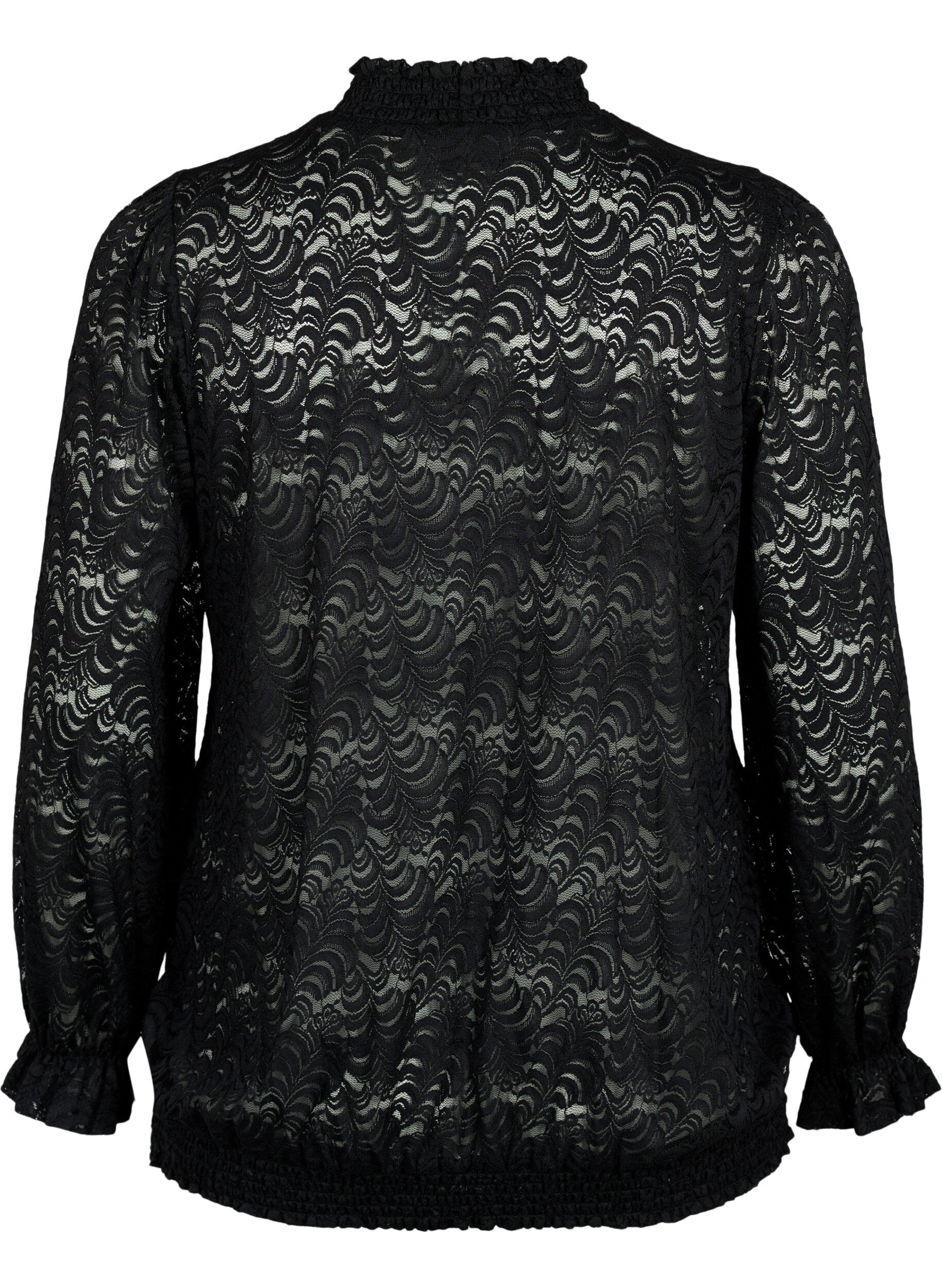Zizzi L&aring;ng&auml;rmad spetsblus med smock, Black, Packshot image number 1