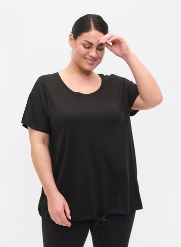Kortärmad t-shirt med dragsko i nederkant, Black, Model image number 0