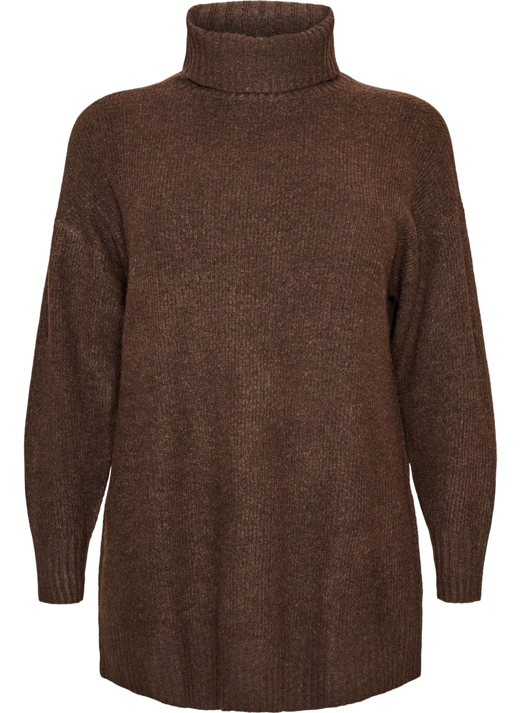 ZizziL&ouml;st stickad tr&ouml;ja med polokrage, Brun, Packshot image number 0