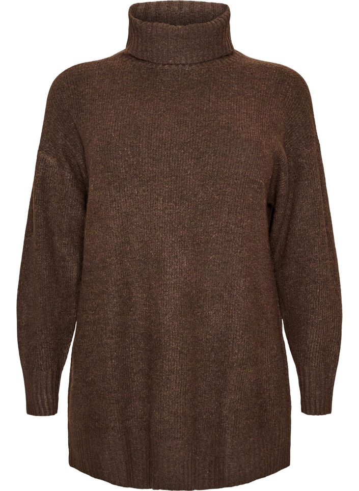 L&ouml;st stickad tr&ouml;ja med polokrage, Brun, Packshot image number 0