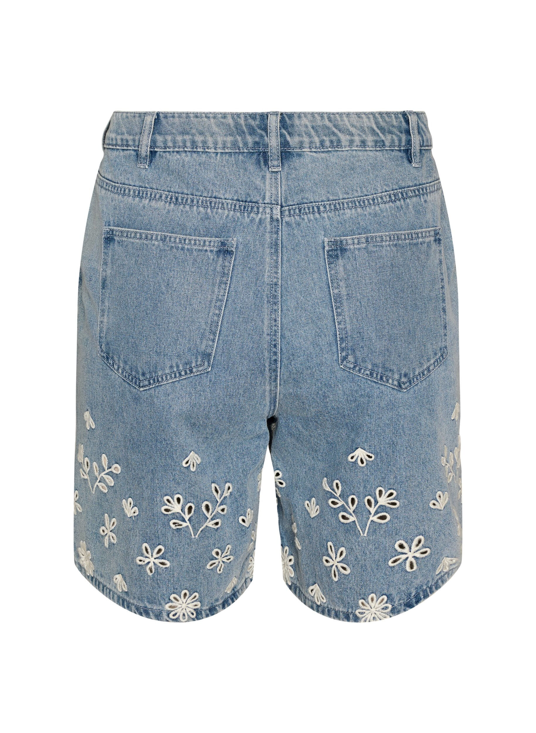 ZizziJeansshorts med broderie anglaise och h&ouml;g midja, Bl&aring;, Packshot image number 1