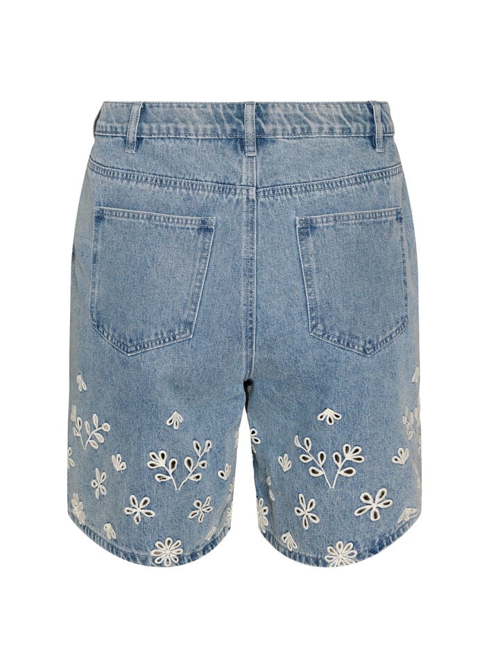 Jeansshorts med broderie anglaise och h&ouml;g midja, Bl&aring;, Packshot image number 1