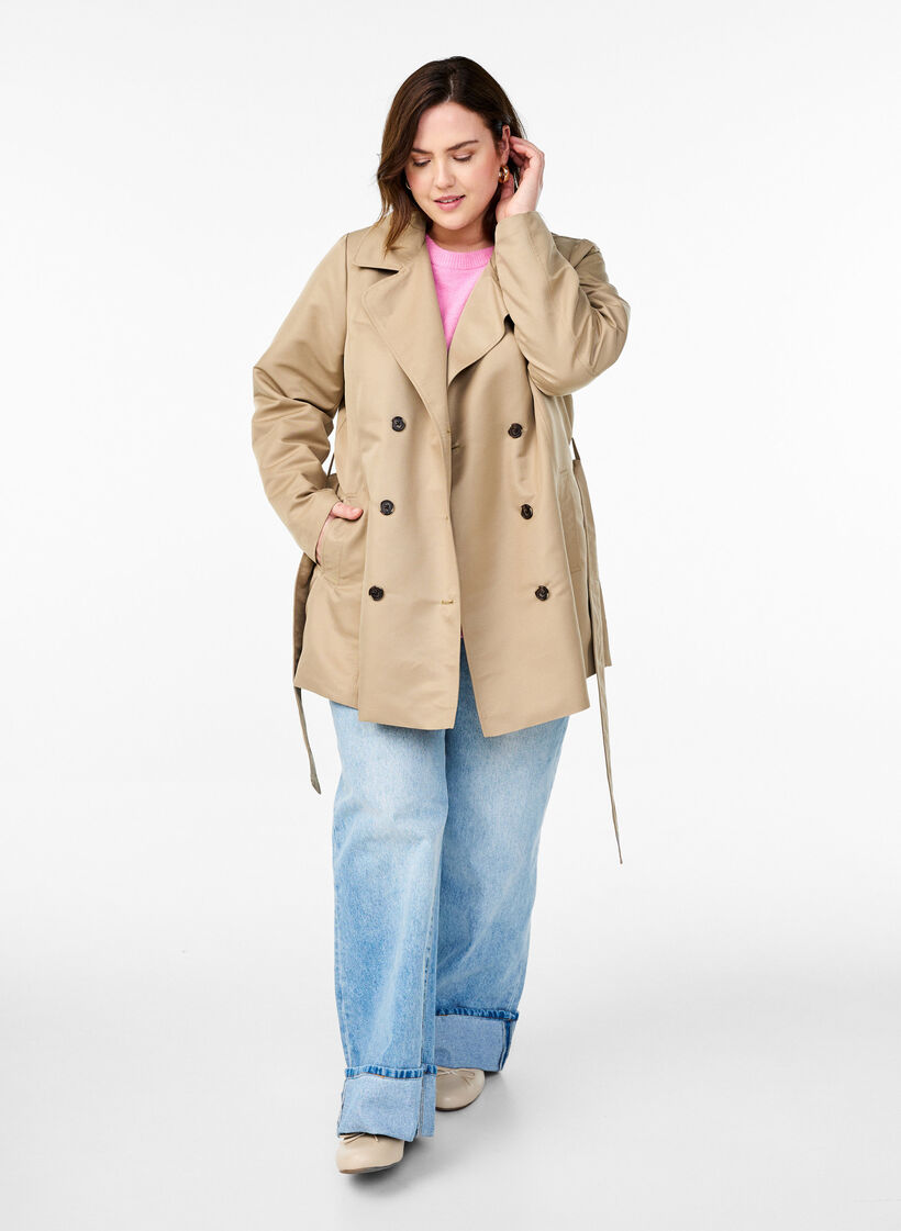 Kort trenchcoat med skärp, Beige, Model image number 1