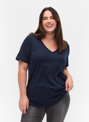 T-shirt i ekologisk bomull med v-ringning, Navy Blazer, Model image number 0