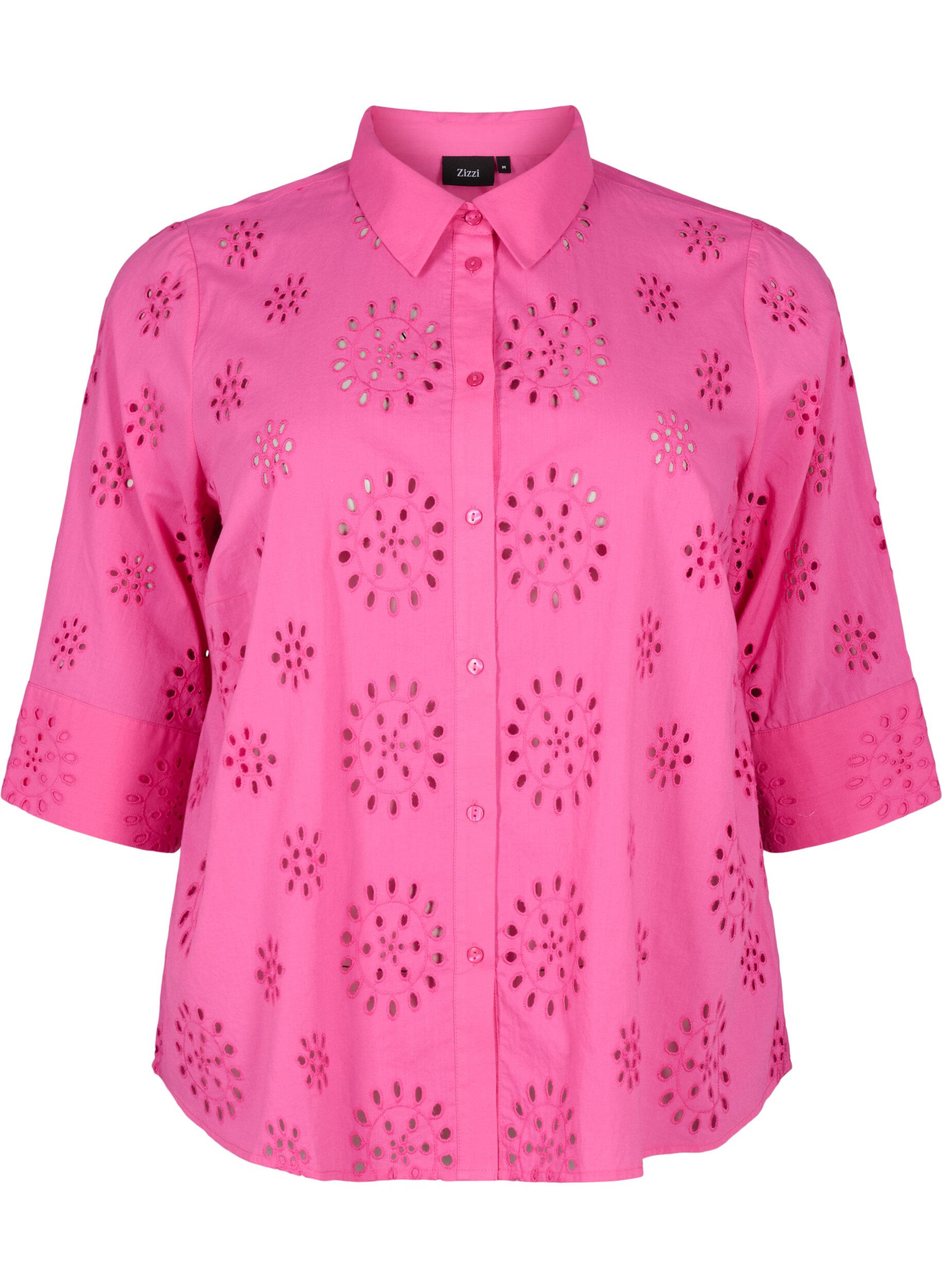 Zizzi Skjortblus med anglaise-broderier och trekvarts&auml;rmar, Raspberry Rose, Packshot image number 0
