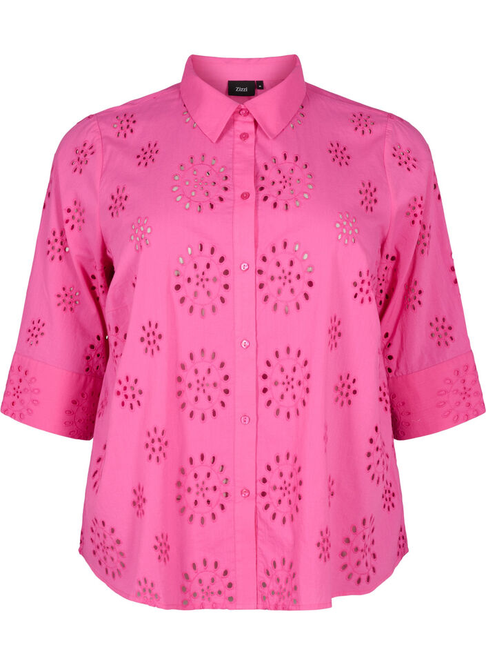 Skjortblus med anglaise-broderier och trekvartsärmar, Raspberry Rose, Packshot image number 0