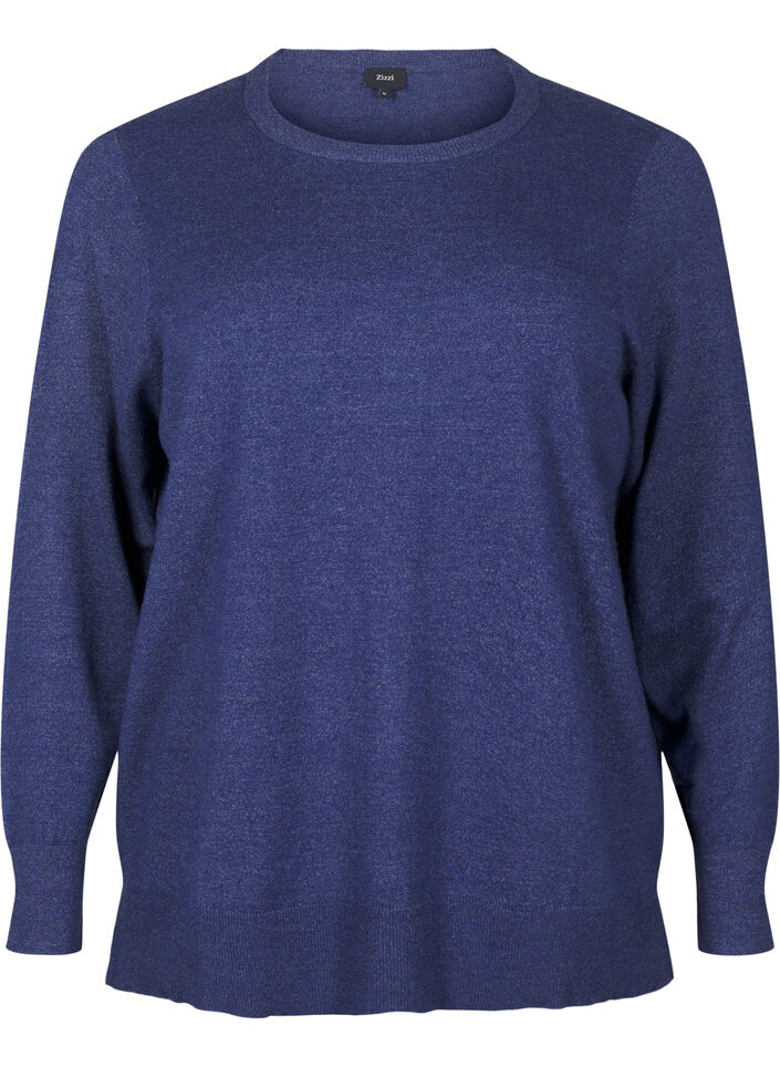 Stickad blus med långa ärmar och slits, Blå, Packshot image number 0