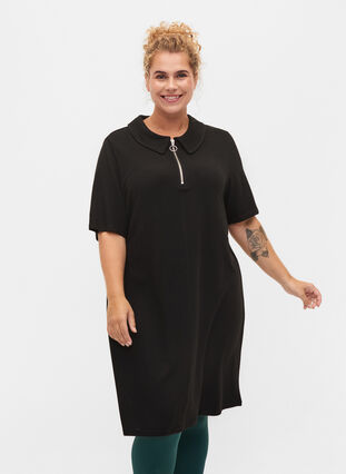 Kortärmad klänning med krage och dragkedja, Black, Model image number 0