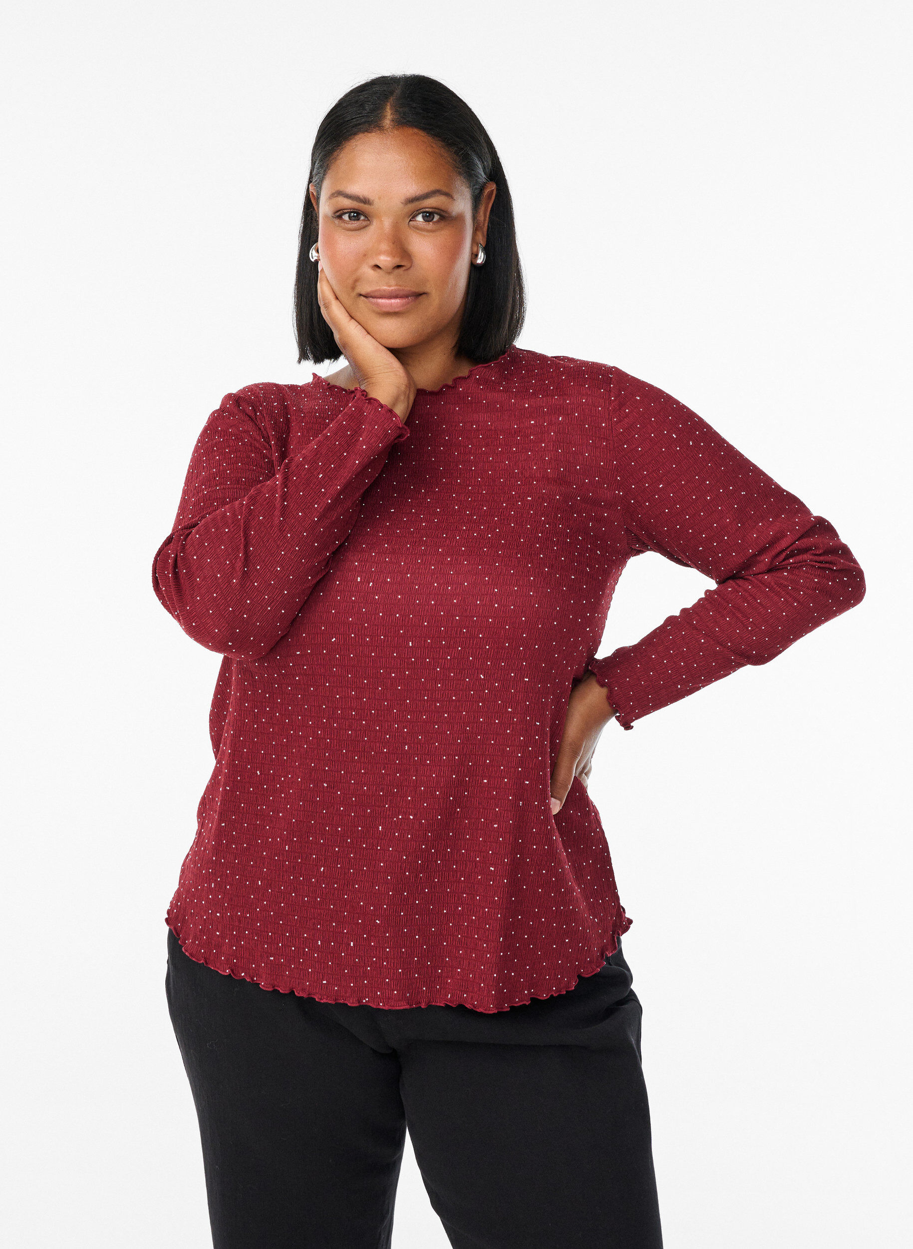 L&aring;ng&auml;rmad blus med strass, M&ouml;rk Bordeaux, Model