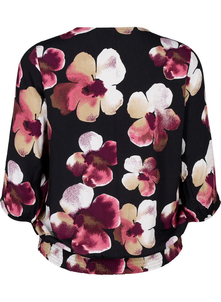 Blus i viskos med blomm&ouml;nster och smock, Svart, Packshot image number 1