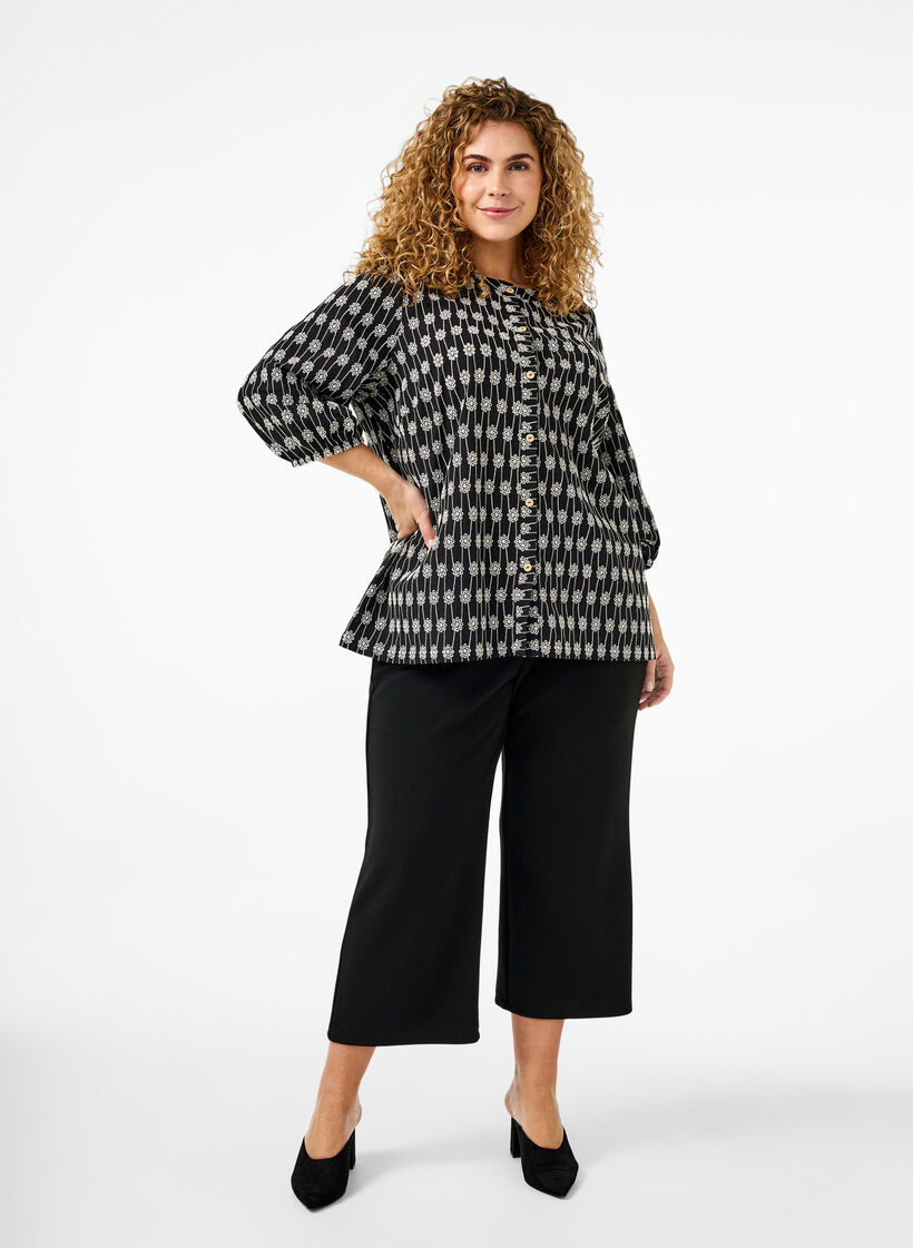 Skjortblus i bomull med blommönster, Black, Model image number 2