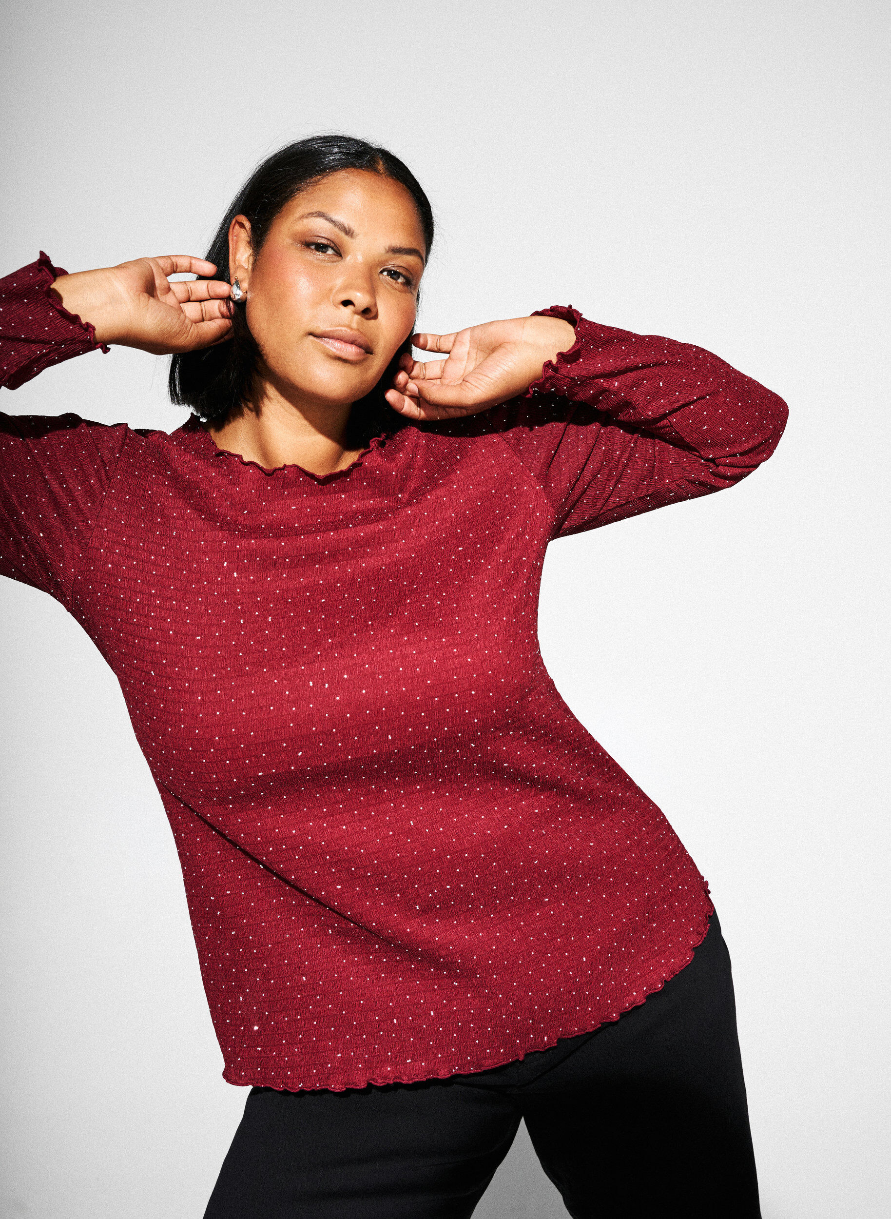 Zizzi L&aring;ng&auml;rmad blus med strass, M&ouml;rk Bordeaux, Image image number 0