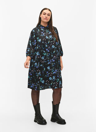 Skjortklänning med trekvartsärm och blommigt tryck, Blue Flower AOP, Model image number 2
