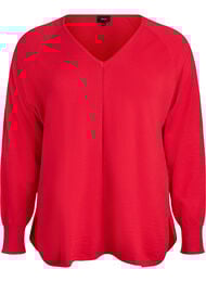 Finstickad blus med V-ringning och detalj framtill, Röd