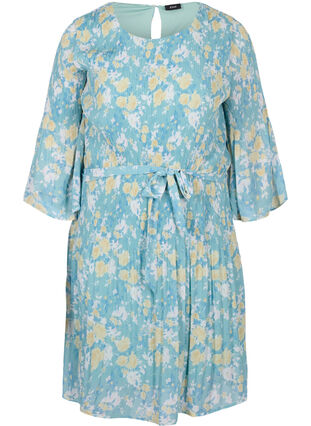 Plisserad klänning med mönster och knytband, Cameo Blue Flower, Packshot image number 0