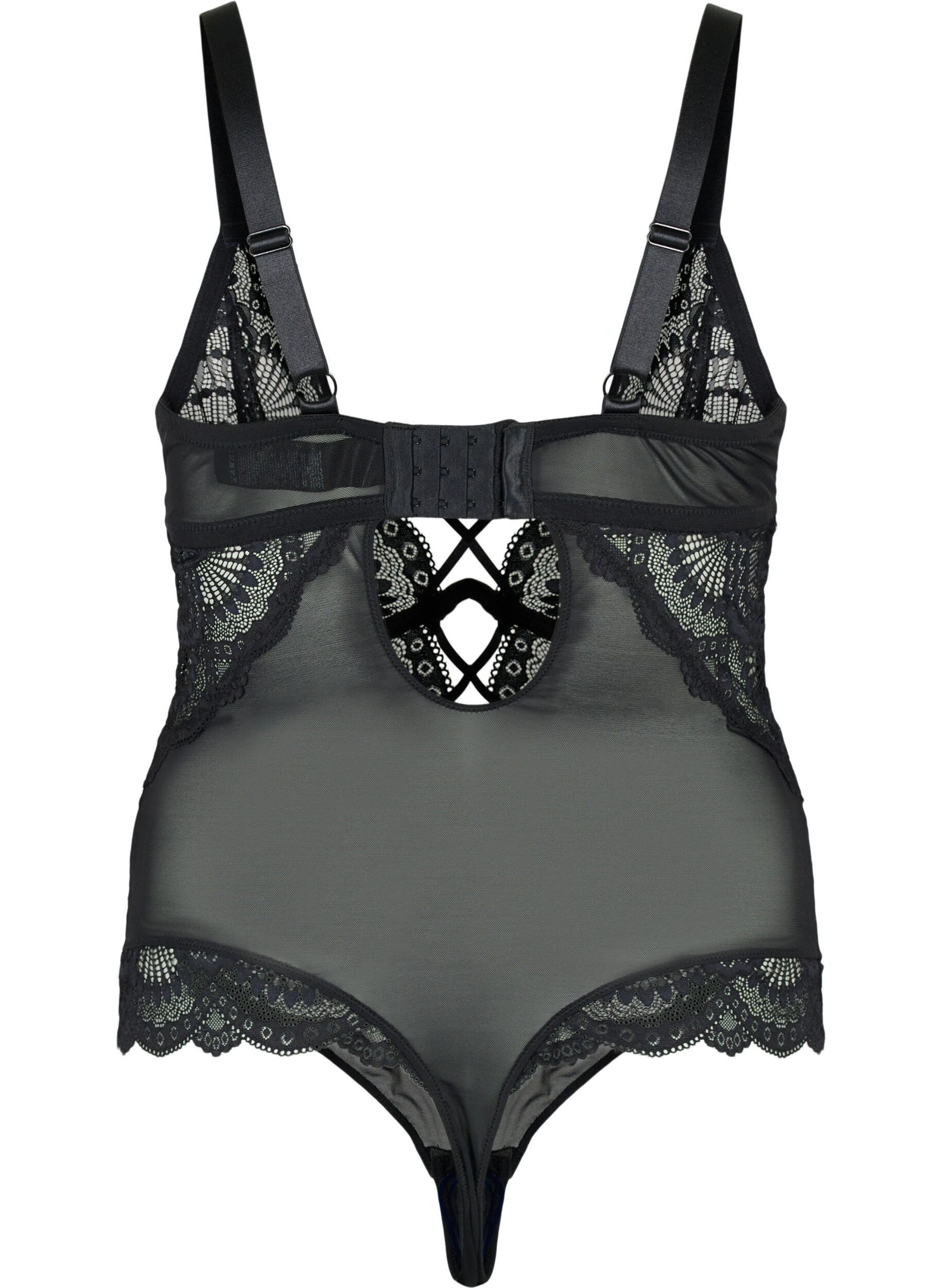 Zizzi Bodystocking i spets med snoddar, Svart, Packshot image number 1