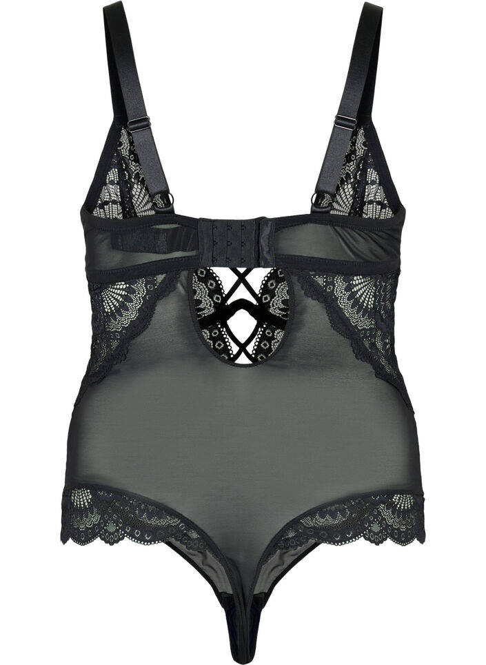 Bodystocking i spets med snoddar, Svart, Packshot image number 1