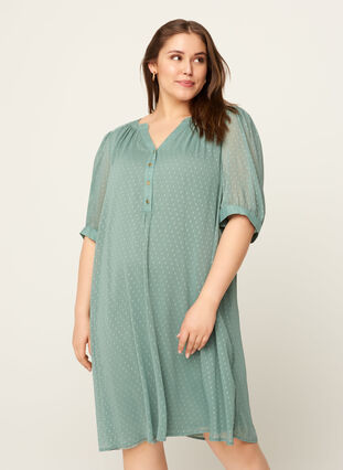 Klänning med korta ärmar och knappar, Chinois Green, Model image number 0