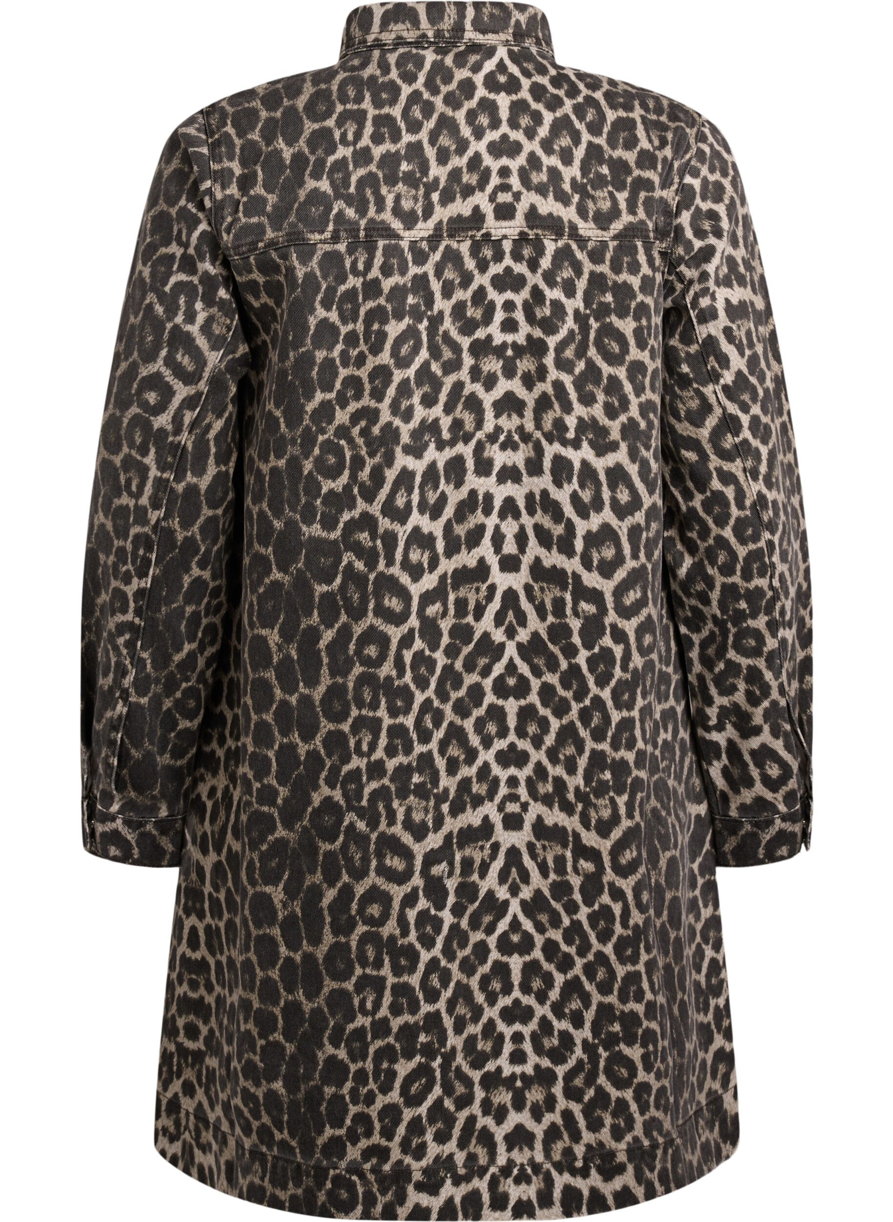 Zizzi L&aring;ng&auml;rmad jeanskl&auml;nning med leopardm&ouml;nster, Brun, Packshot image number 1