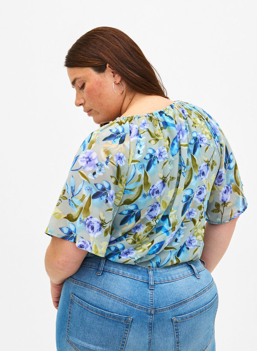 Blommig partyblus med korta ärmar, Wrought Iron AOP, Model image number 1