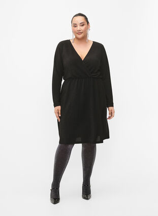Glitterklänning med omlott och långa ärmar, Black Black, Model image number 3