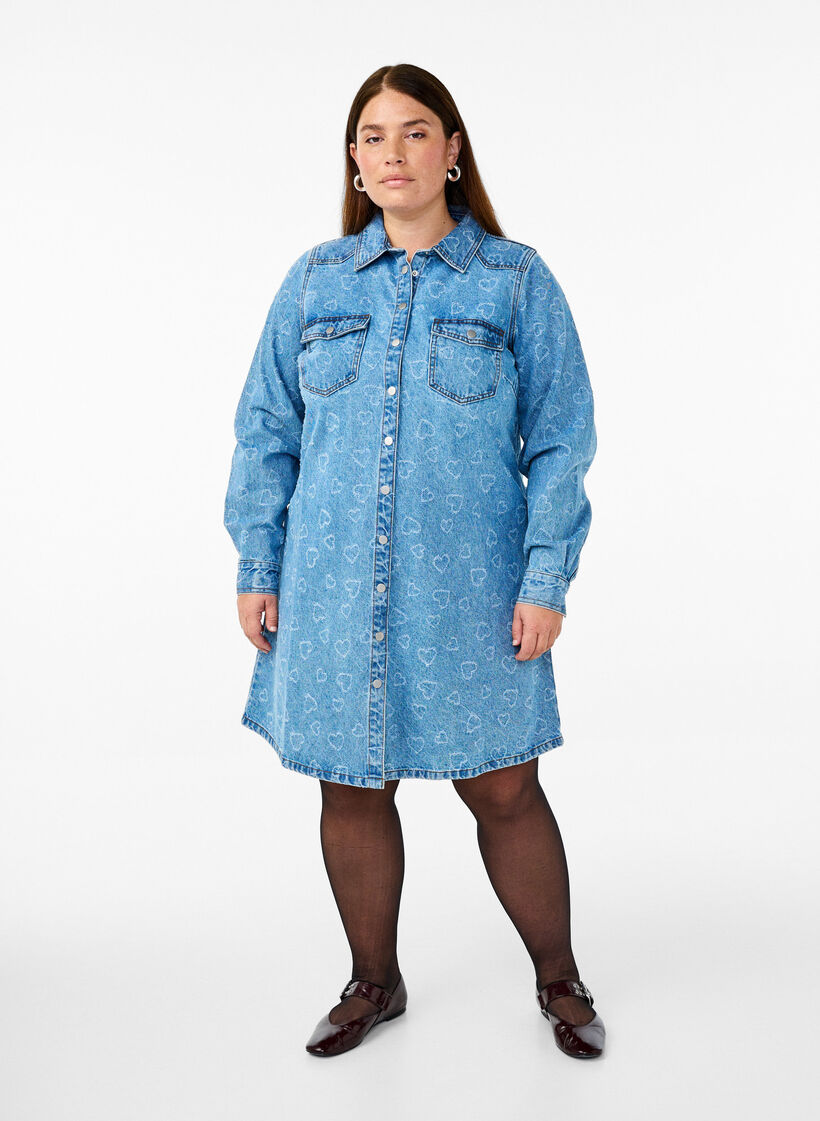 Jeansklänning med hjärtmönster, Blå, Model image number 1