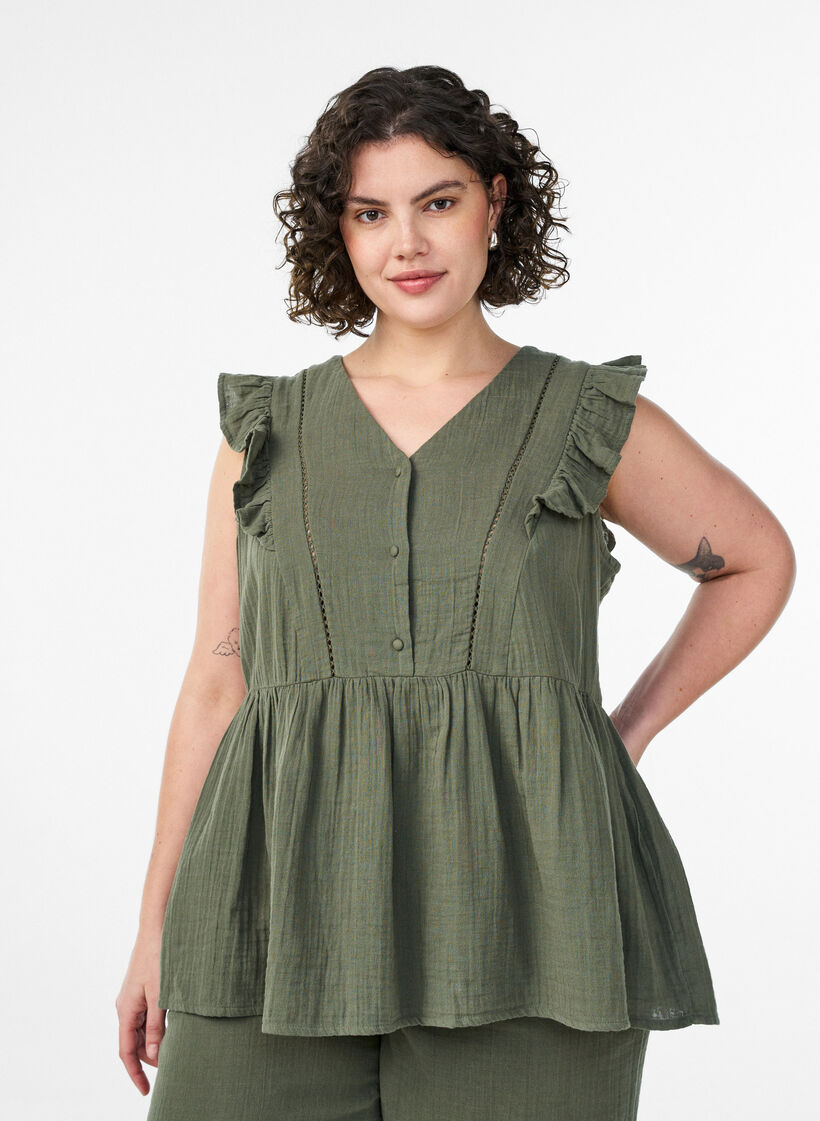 &Auml;rml&ouml;s blus i bomullsmuslin med volanger, Gr&ouml;n, Model image number 0
