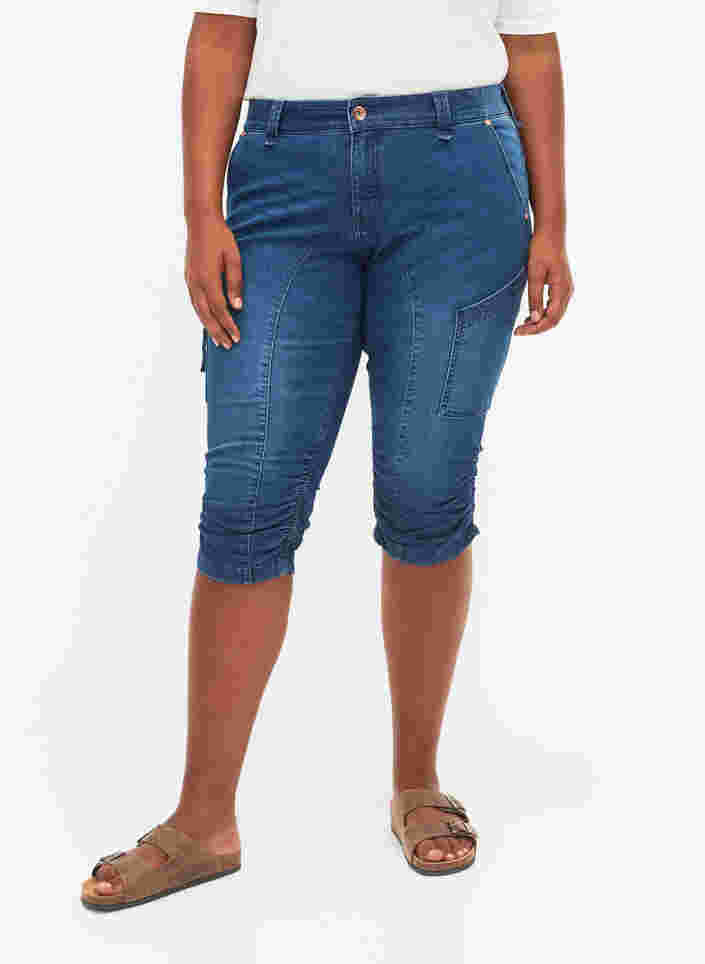 Slim fit capri-jeans med fickor, Dark blue denim, Model image number 3